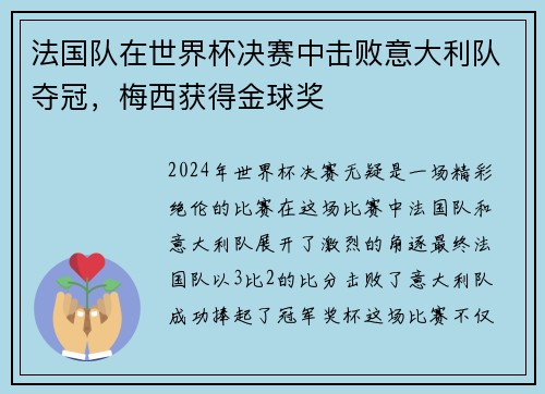 法国队在世界杯决赛中击败意大利队夺冠，梅西获得金球奖